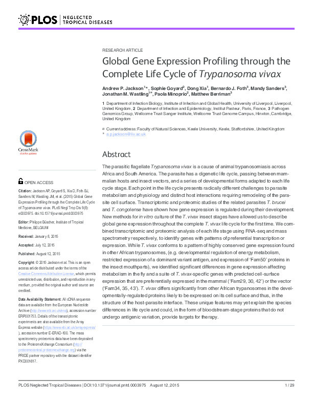 Global Gene Expression Profiling through the Complete Life Cycle of Trypanosoma vivax. Thumbnail