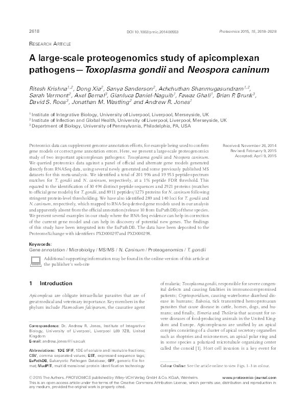 A large-scale proteogenomics study of apicomplexan pathogens-Toxoplasma gondii and Neospora caninum Thumbnail
