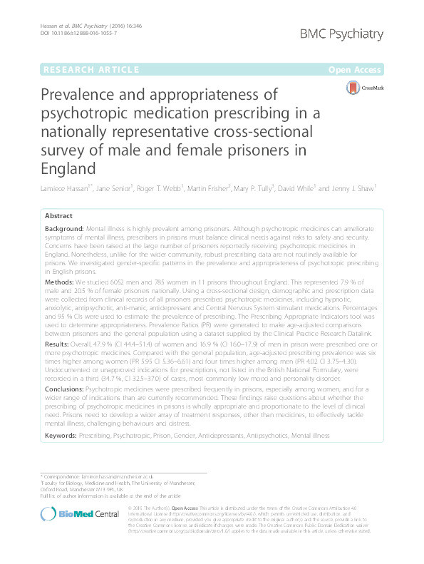 Prevalence and appropriateness of psychotropic medication prescribing in a nationally representative cross-sectional survey of male and female prisoners in England. Thumbnail