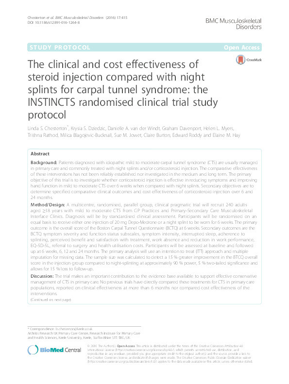 The clinical and cost effectiveness of steroid injection compared with night splints for carpal tunnel  syndrome Thumbnail