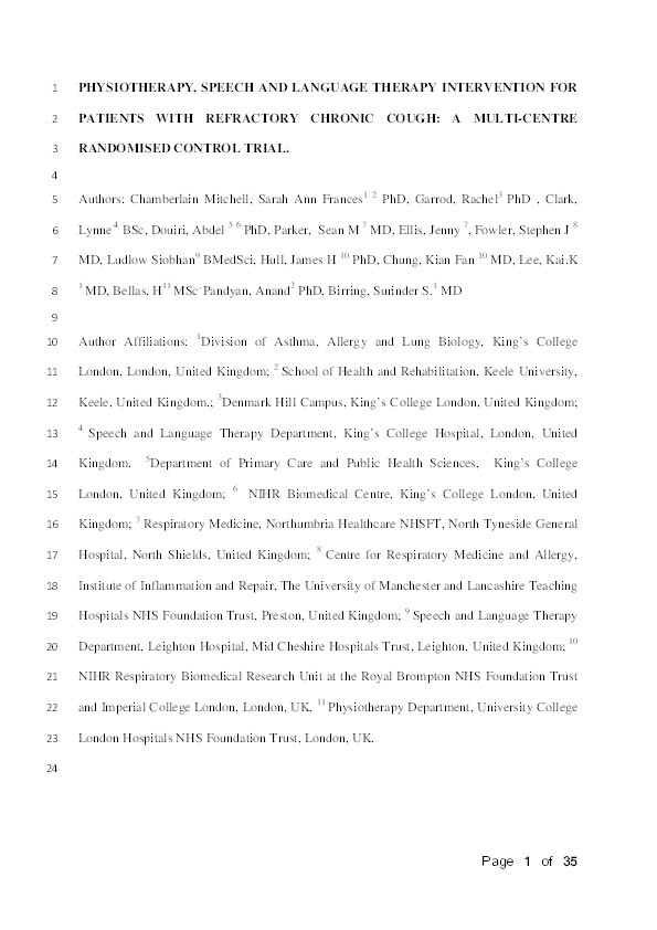 Physiotherapy, and speech and language therapy intervention for patients with refractory chronic cough: a multicentre randomised control trial. Thumbnail