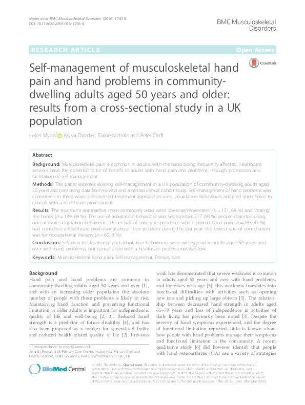 Self-management of musculoskeletal hand pain and hand problems in community-dwelling adults aged 50 years and older: results from a cross-sectional study in a UK population. Thumbnail