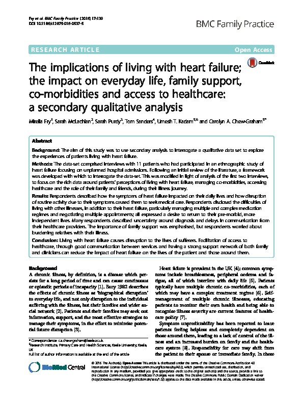 The implications of living with heart failure; the impact on everyday life, family support, co-morbidities and access to healthcare: a secondary qualitative analysis. Thumbnail