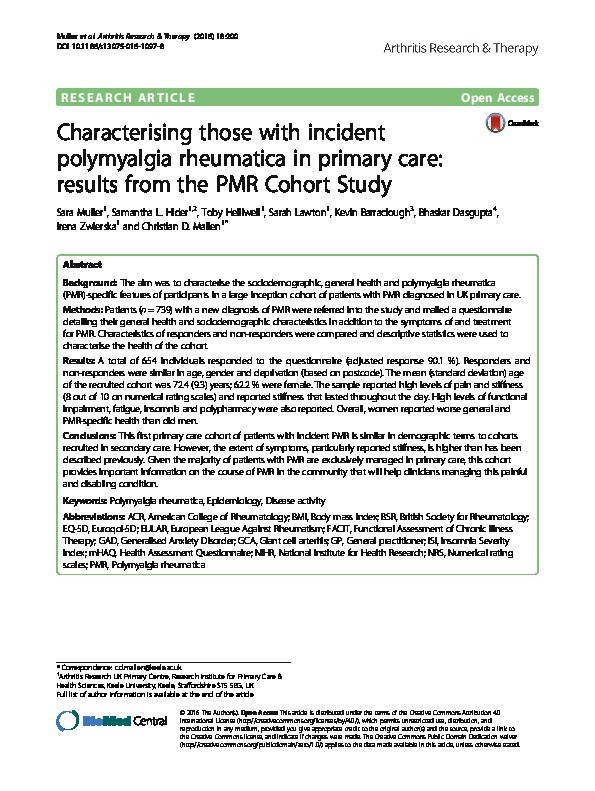 Characterising those with incident polymyalgia rheumatica in primary care: results from the PMR Cohort Study. Thumbnail