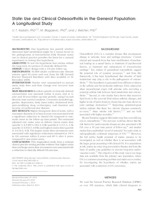 Statin Use and Clinical Osteoarthritis in the General Population: A Longitudinal Study Thumbnail