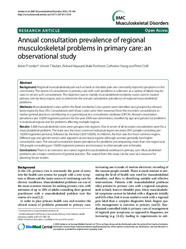 Annual consultation prevalence of regional musculoskeletal problems in primary care: an observational study. Thumbnail