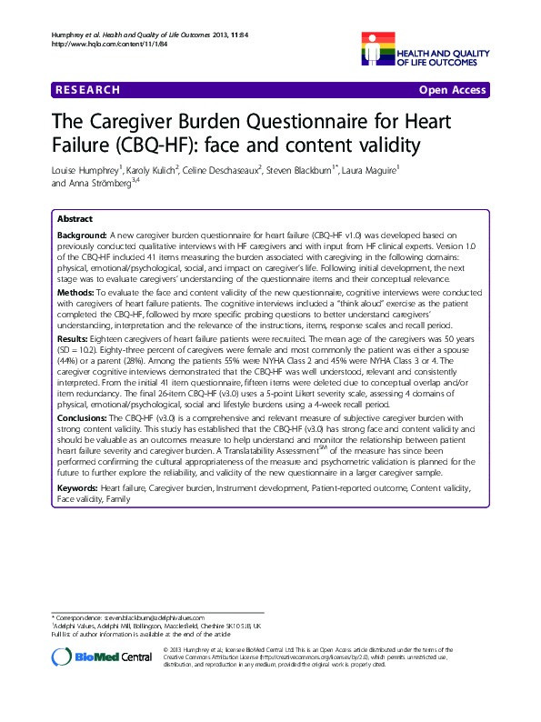 The Caregiver Burden Questionnaire for Heart Failure (CBQ-HF): face and content validity. Thumbnail