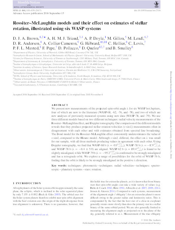 Rossiter-McLaughlin models and their effect on estimates of stellar rotation, illustrated using six WASP systems Thumbnail