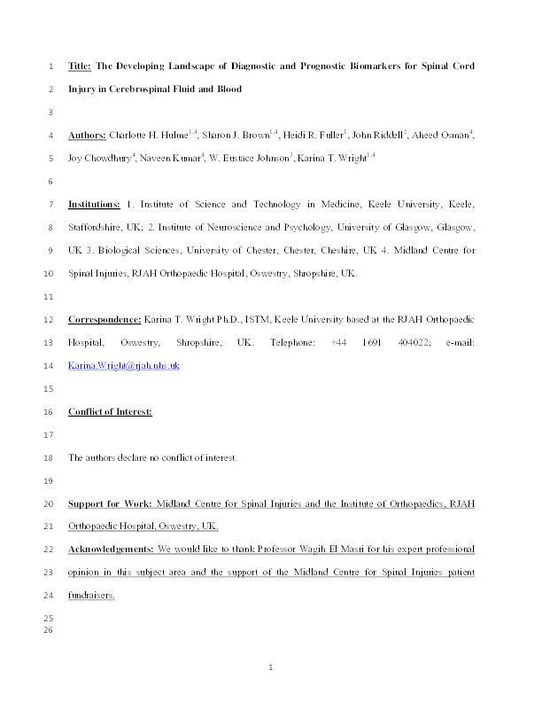 The Developing Landscape of Diagnostic and Prognostic Biomarkers for Spinal Cord Injury in Cerebrospinal Fluid and Blood Thumbnail
