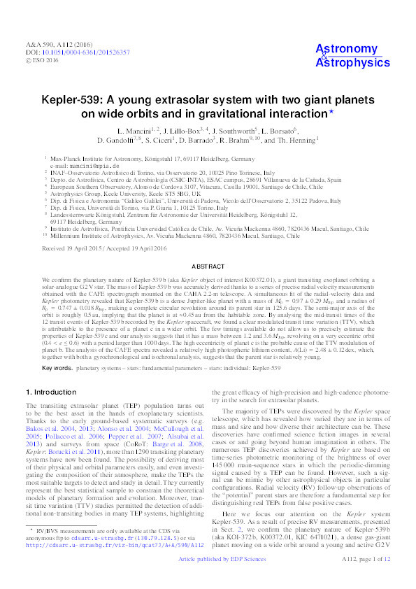 Kepler-539: A young extrasolar system with two giant planets on wide orbits and in gravitational interaction Thumbnail