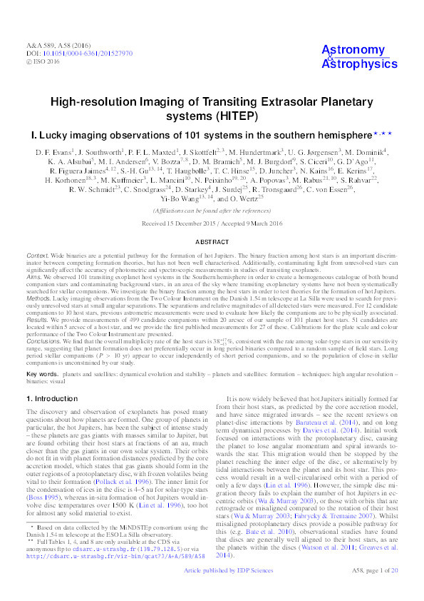 High-resolution Imaging of Transiting Extrasolar Planetary systems (HITEP) I. Lucky imaging observations of 101 systems in the southern hemisphere Thumbnail