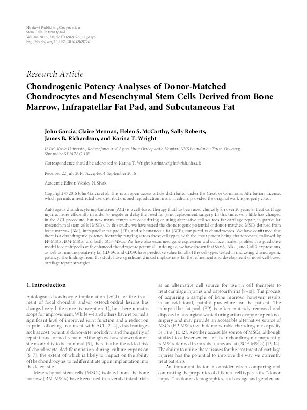Chondrogenic Potency Analyses of Donor-Matched Chondrocytes and Mesenchymal Stem Cells Derived from Bone Marrow, Infrapatellar Fat Pad, and Subcutaneous Fat. Thumbnail