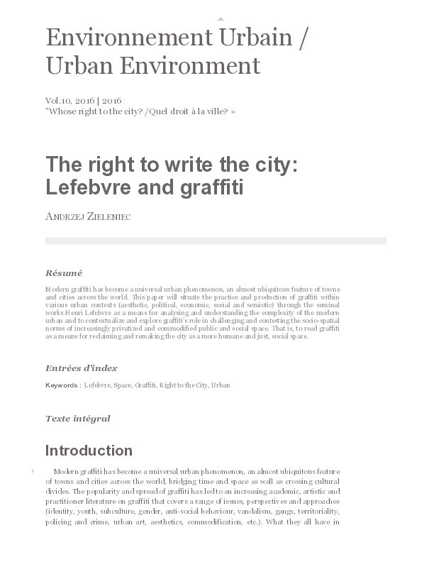 The right to write the city: Lefebvre and graffiti Thumbnail