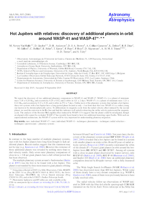 Hot Jupiters with relatives: discovery of additional planets in orbit around WASP-41 and WASP-47 Thumbnail