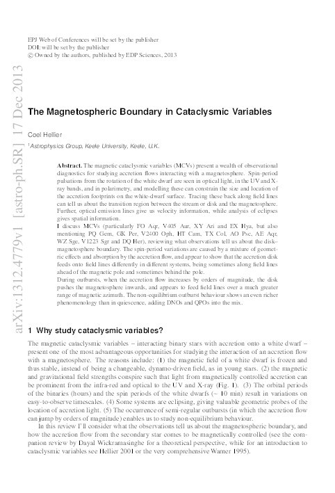 The Magnetospheric Boundary in Cataclysmic Variables Thumbnail