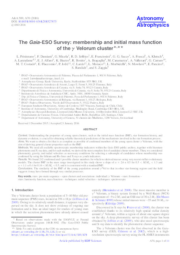 The Gaia-ESO Survey: membership and initial mass function of the. Velorum cluster Thumbnail