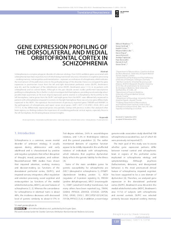Gene expression profiling of the dorsolateral and medial orbitofrontal cortex in schizophrenia Thumbnail