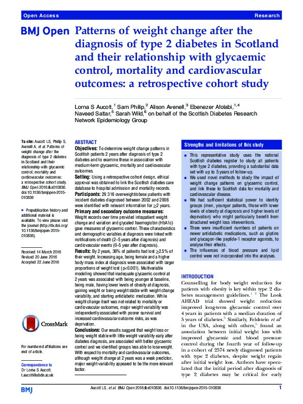 Patterns of weight change after the diagnosis of type 2 diabetes in Scotland and their relationship with glycaemic control, mortality and cardiovascular outcomes: a retrospective cohort study. Thumbnail