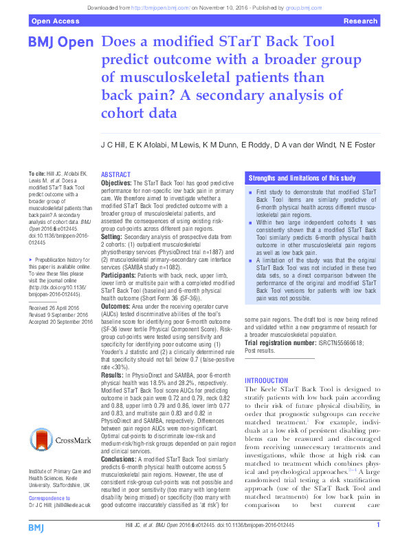 Does a modified STarT Back Tool predict outcome with a broader group of musculoskeletal patients than back pain? A secondary analysis of cohort data. Thumbnail