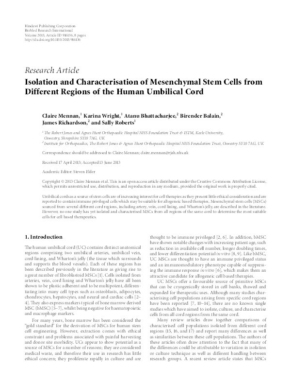 Isolation and characterisation of mesenchymal stem cells from different regions of the human umbilical cord. Thumbnail