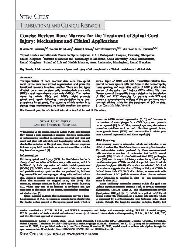 Concise review: Bone marrow for the treatment of spinal cord injury: mechanisms and clinical applications. Thumbnail