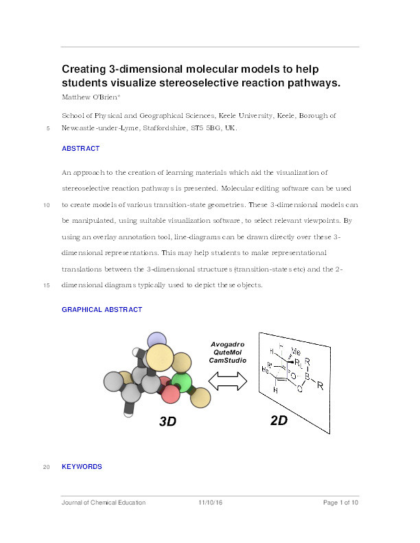 Creating 3-Dimensional Molecular Models to Help Students Visualize Stereoselective Reaction Pathways Thumbnail