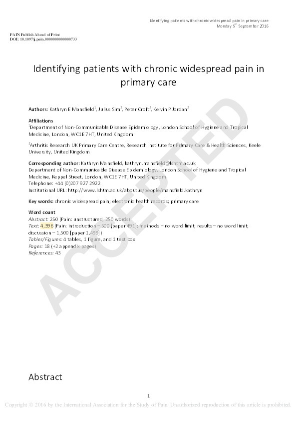 Identifying patients with chronic widespread pain in primary care. Thumbnail