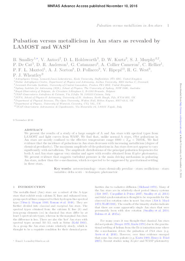 Pulsation versus metallicism in Am stars as revealed by LAMOST and WASP Thumbnail
