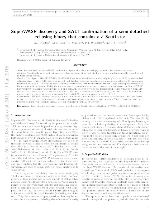 SuperWASP discovery and SALT confirmation of a semi-detached eclipsing binary that contains a d Scuti star Thumbnail