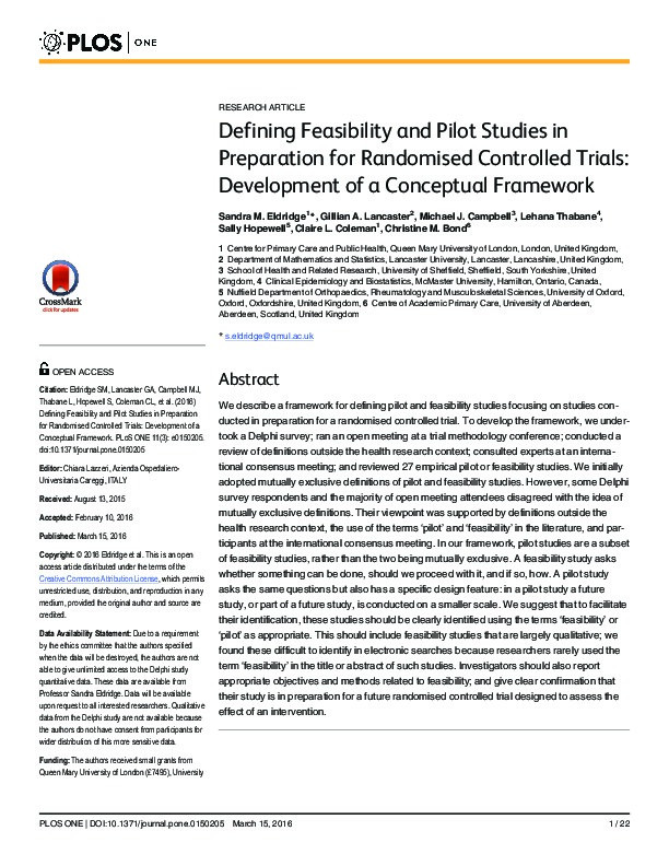 Defining feasibility and pilot studies in preparation for randomised controlled trials: development of a conceptual framework Thumbnail