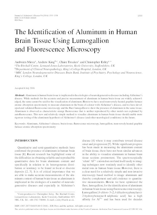 The Identification of Aluminum in Human Brain Tissue Using Lumogallion and Fluorescence Microscopy. Thumbnail