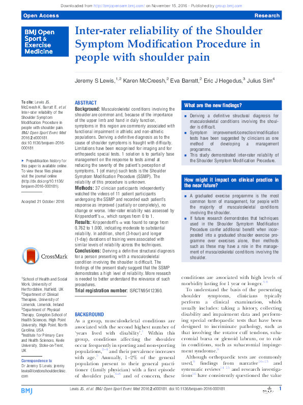 Inter-rater reliability of the Shoulder Symptom Modification Procedure in people with shoulder pain Thumbnail