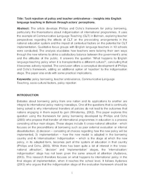 Tacit rejection of policy and teacher ambivalence – insights into English language teaching in Bahrain through actors’ perceptions Thumbnail