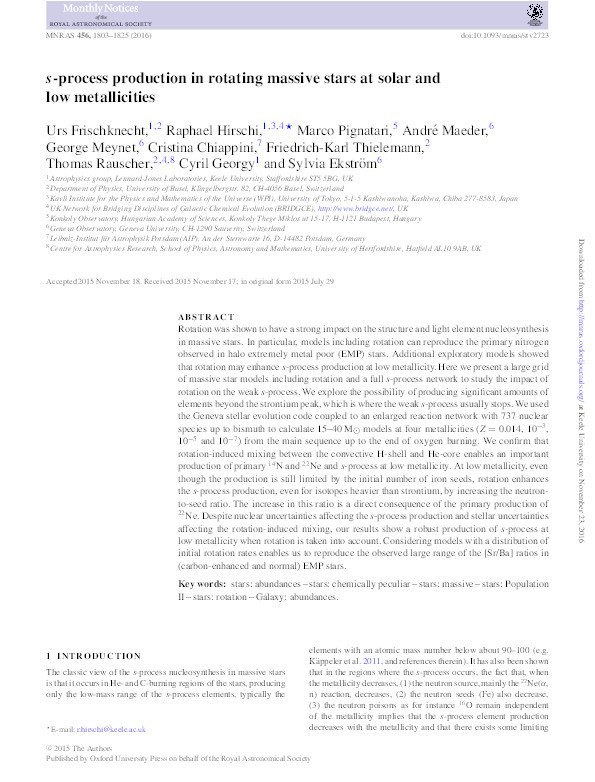 s-process production in rotating massive stars at solar and low metallicities Thumbnail