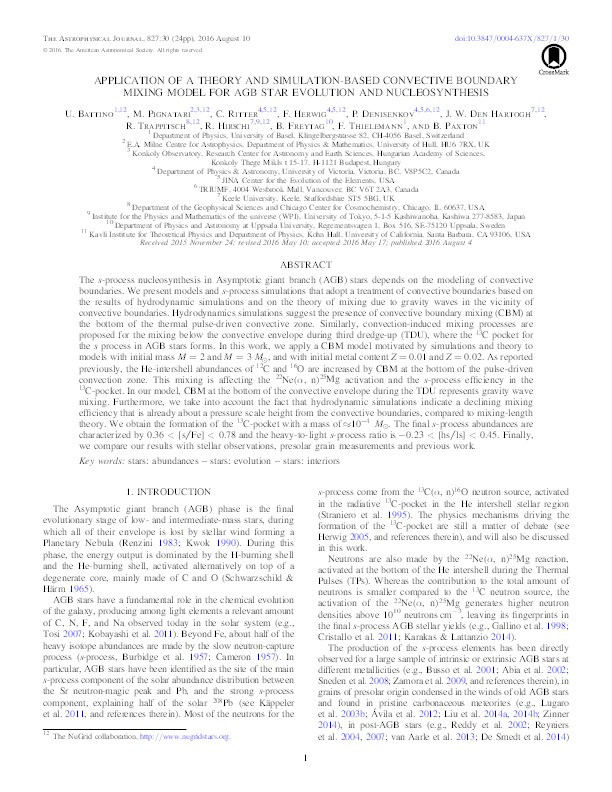 Application of a theory and simulation-based convective boundary mixing model for AGB star evolution and nucleosynthesis Thumbnail