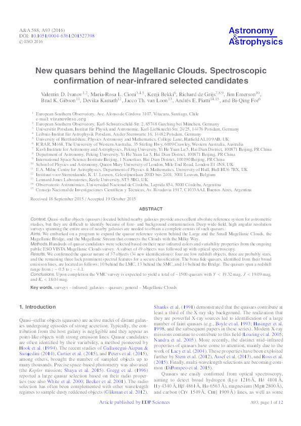 New quasars behind the Magellanic Clouds. Spectroscopic confirmation of near-infrared selected candidates Thumbnail