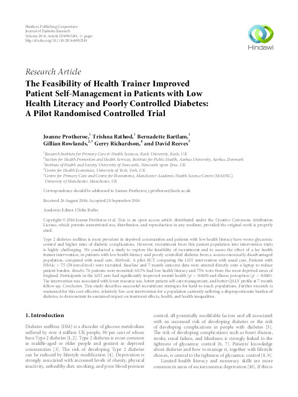 The Feasibility of Health Trainer Improved Patient Self-Management in Patients with Low Health Literacy and Poorly Controlled Diabetes: A Pilot Randomised Controlled Trial Thumbnail