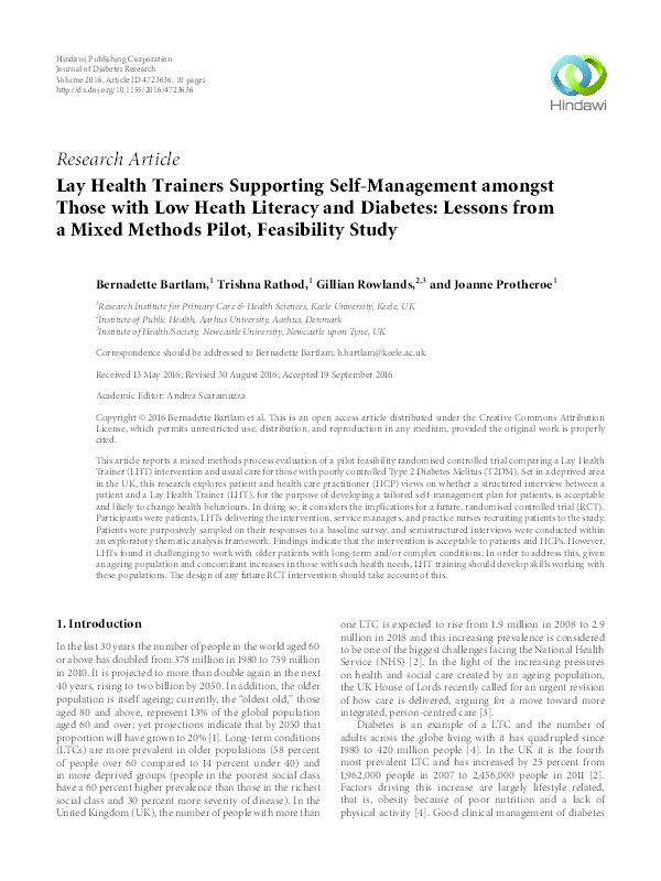 Lay Health Trainers Supporting Self-Management amongst Those with Low Heath Literacy and Diabetes: Lessons from a Mixed Methods Pilot, Feasibility Study Thumbnail