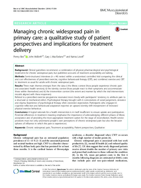 Managing chronic widespread pain in primary care: a qualitative study of patient perspectives and implications for treatment delivery. Thumbnail