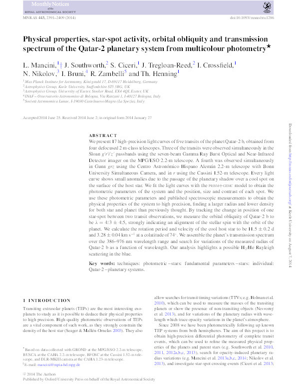 Erratum: Physical properties, star-spot activity, orbital obliquity and transmission spectrum of the Qatar-2 planetary system from multicolour photometry Thumbnail
