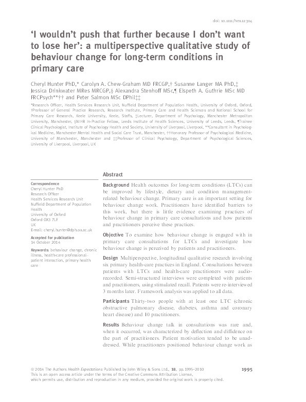 'I wouldn't push that further because I don't want to lose her': a multiperspective qualitative study of behaviour change for long-term conditions in primary care. Thumbnail