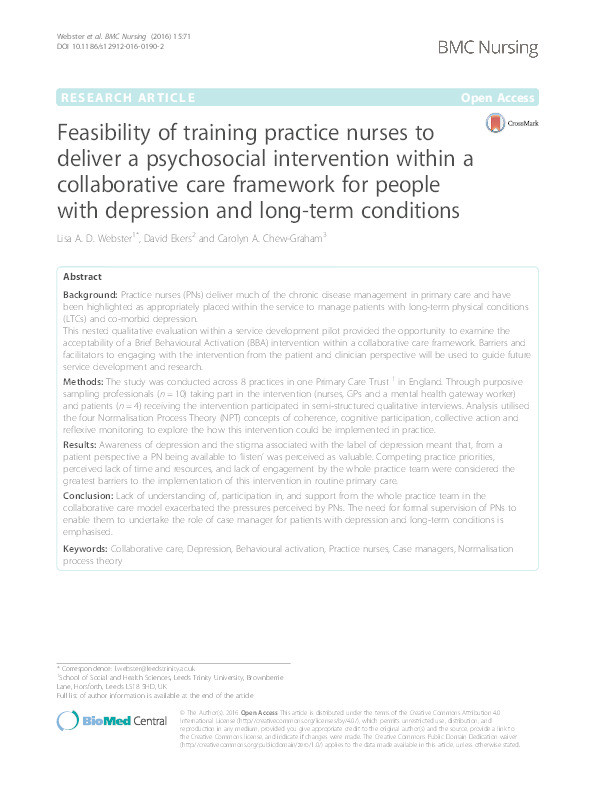 Feasibility of training practice nurses to deliver a psychosocial intervention within a collaborative care framework for people with depression and long-term conditions Thumbnail
