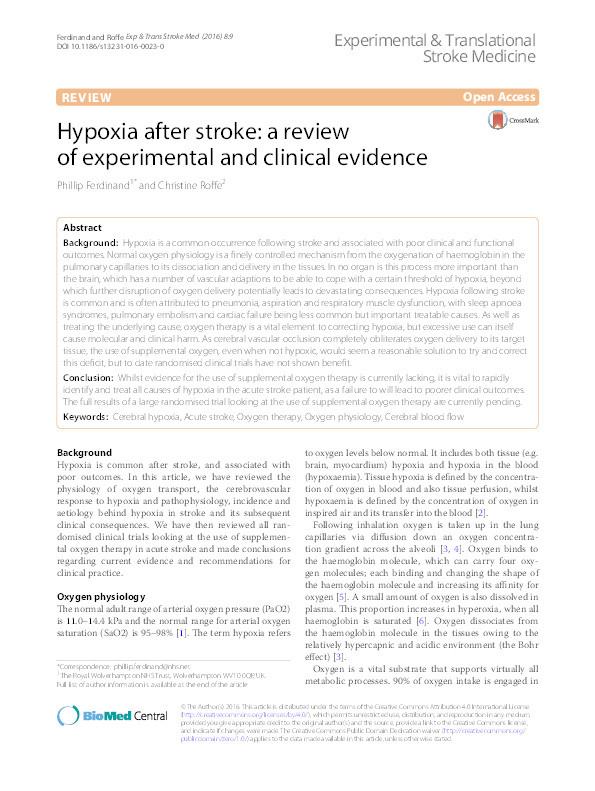 Hypoxia after stroke: a review of experimental and clinical evidence Thumbnail