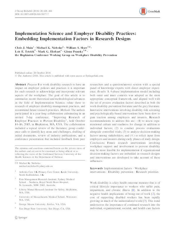 Implementation Science and Employer Disability Practices: Embedding Implementation Factors in Research Designs Thumbnail