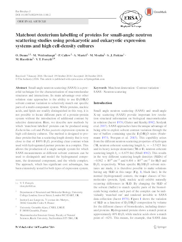 Matchout deuterium labelling of proteins for small-angle neutron scattering studies using prokaryotic and eukaryotic expression systems and high cell-density cultures. Thumbnail