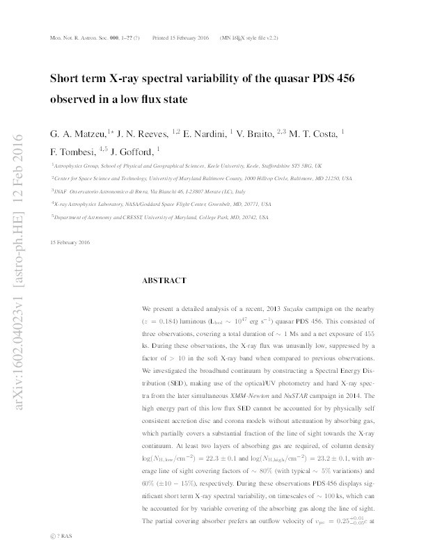 Short term X-ray spectral variability of the quasar PDS 456 observed in a low flux state Thumbnail