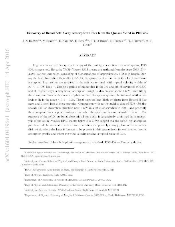 Discovery of Broad Soft X-ray Absorption Lines from the Quasar Wind in PDS 456 Thumbnail