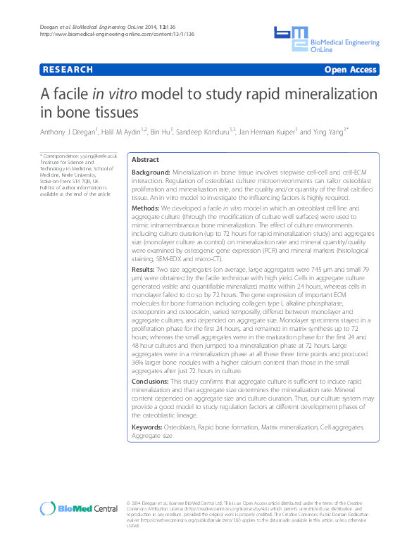 A facile in vitro model to study rapid mineralization in bone tissues Thumbnail