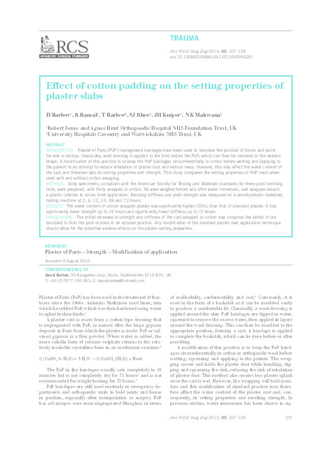 Effect of cotton padding on the setting properties of plaster slabs. Thumbnail