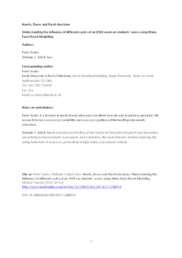 Hawks, Doves and Rasch decisions: Understanding the influence of different cycles of an OSCE on students' scores using Many Facet Rasch Modeling Thumbnail